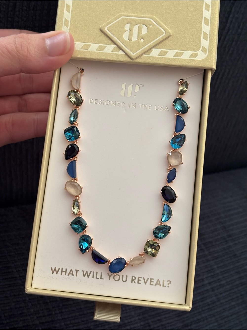 bp Multicolor Crystal Necklace in Blue, Green & Cream Tones